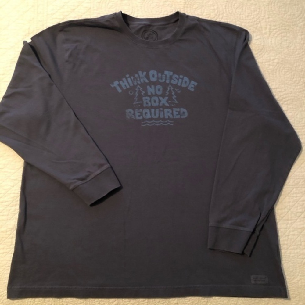 Life Is Good tee shirt.Think Outside-No Box Required.Men’s size XXL.Antique blue